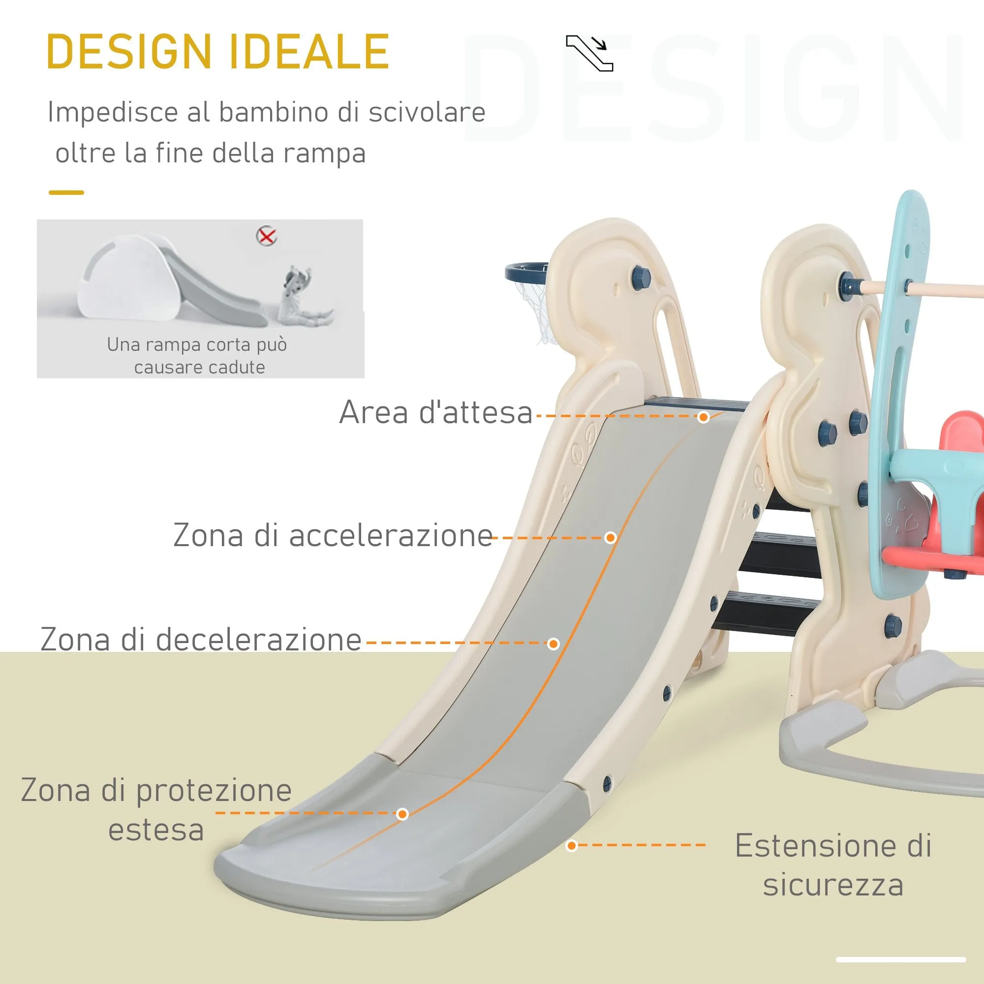 3 in 1 Children's Slide with Adjustable Swing, Basketball Hoop and Balls for Children's Bedroom and Garden, 160x220x120cm, White, Blue and Grey