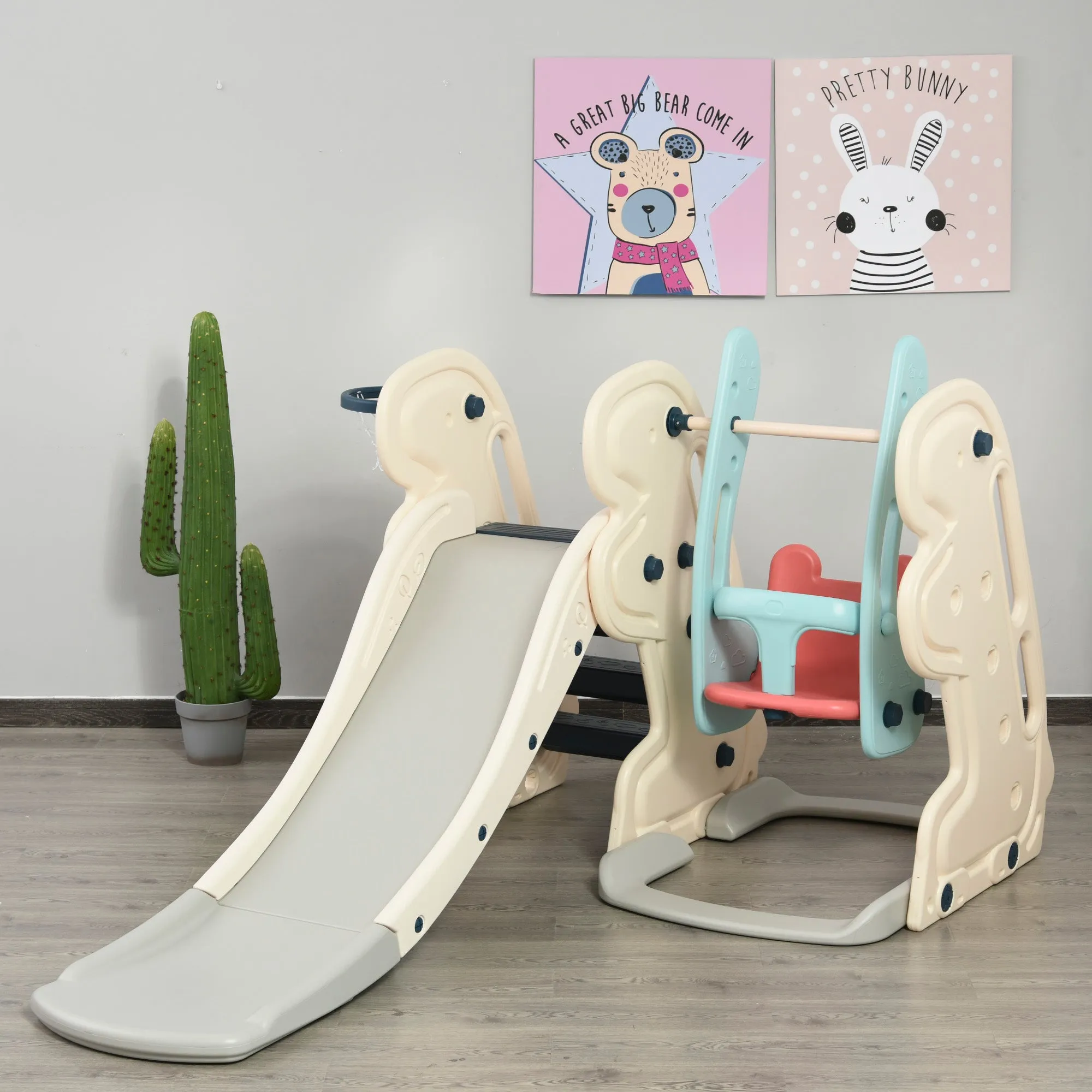 3 in 1 Children's Slide with Adjustable Swing, Basketball Hoop and Balls for Children's Bedroom and Garden, 160x220x120cm, White, Blue and Grey
