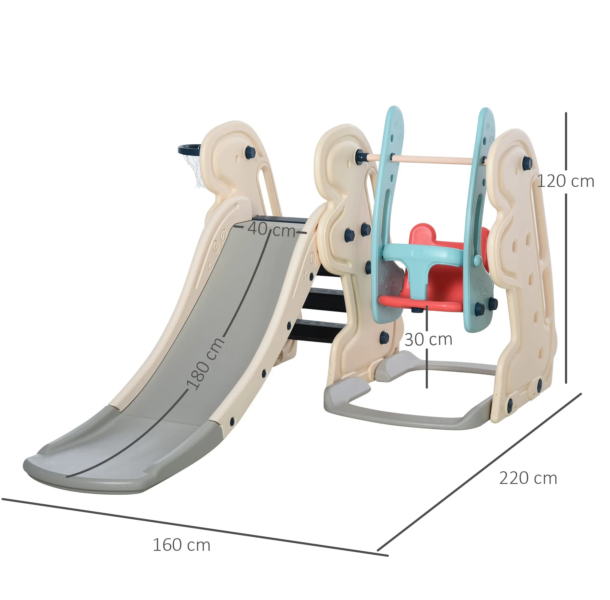 3 in 1 Children's Slide with Adjustable Swing, Basketball Hoop and Balls for Children's Bedroom and Garden, 160x220x120cm, White, Blue and Grey