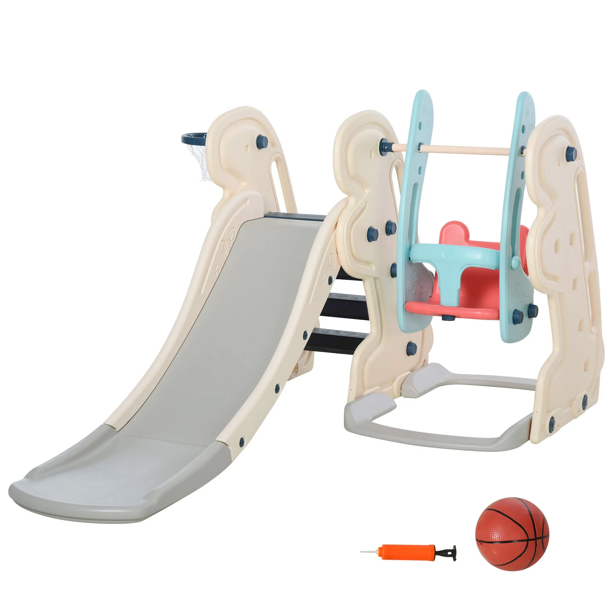 3 in 1 Children's Slide with Adjustable Swing, Basketball Hoop and Balls for Children's Bedroom and Garden, 160x220x120cm, White, Blue and Grey
