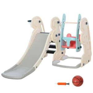 3 in 1 Children's Slide with Adjustable Swing, Basketball Hoop and Balls for Children's Bedroom and Garden, 160x220x120cm, White, Blue and Grey