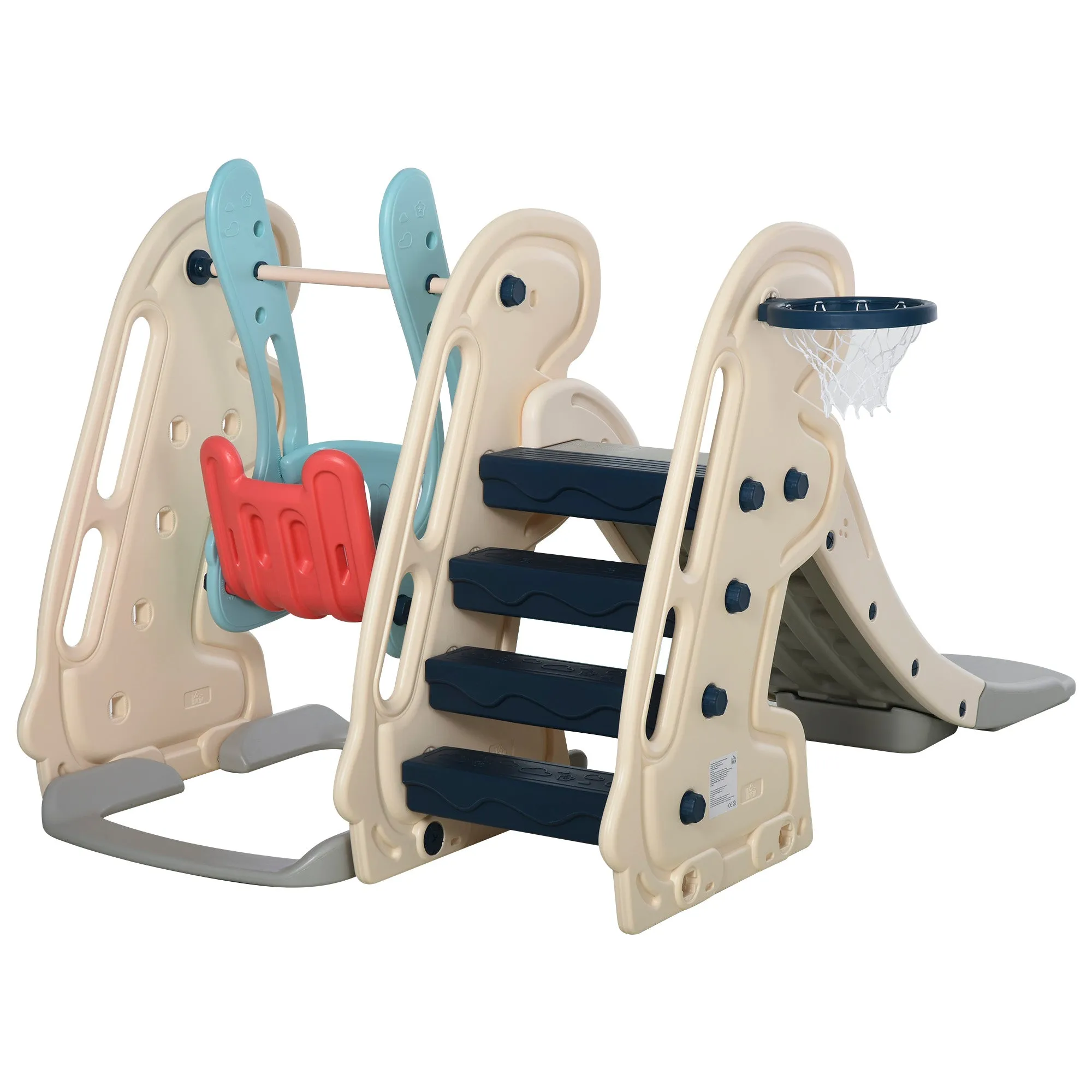 3 in 1 Children's Slide with Adjustable Swing, Basketball Hoop and Balls for Children's Bedroom and Garden, 160x220x120cm, White, Blue and Grey