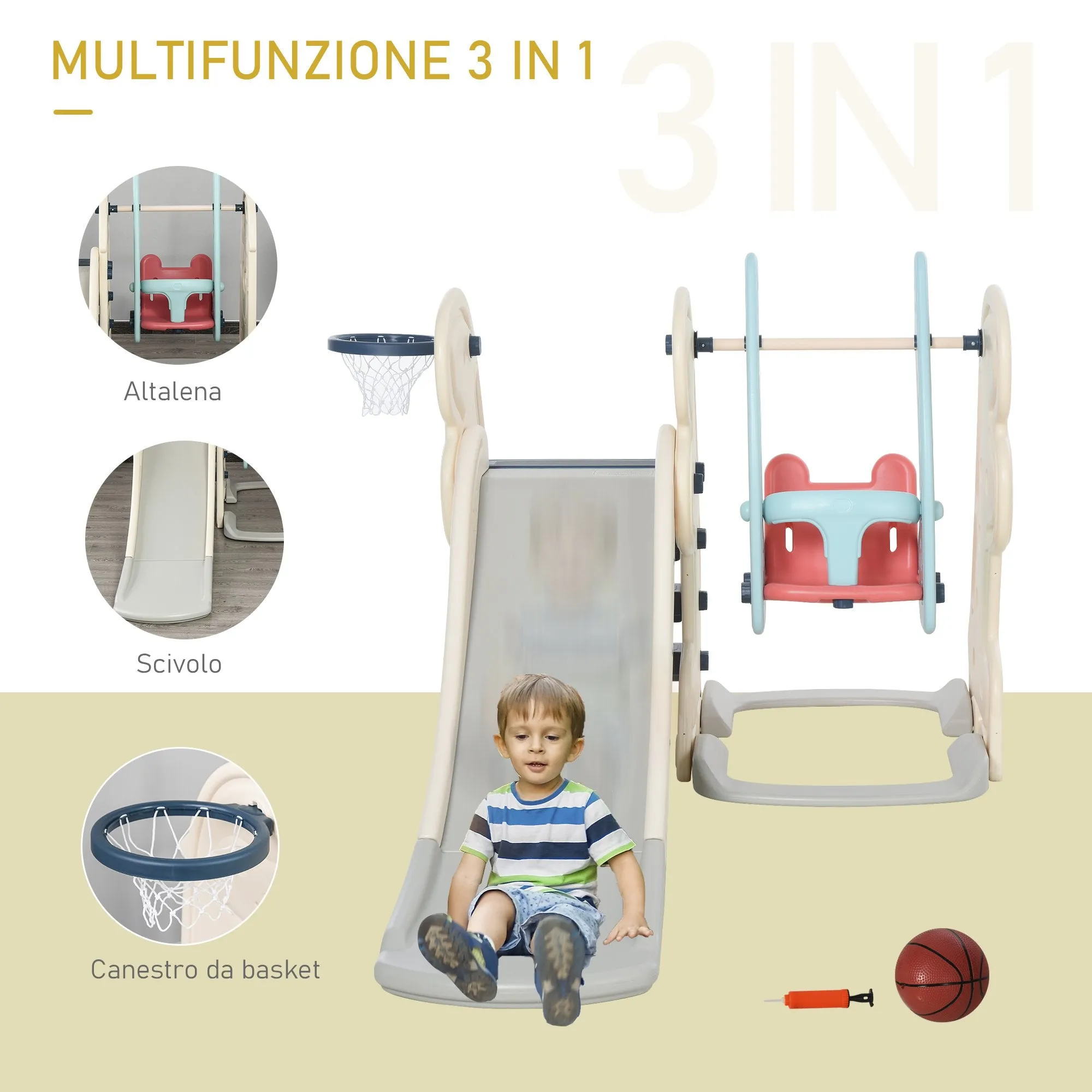 3 in 1 Children's Slide with Adjustable Swing, Basketball Hoop and Balls for Children's Bedroom and Garden, 160x220x120cm, White, Blue and Grey