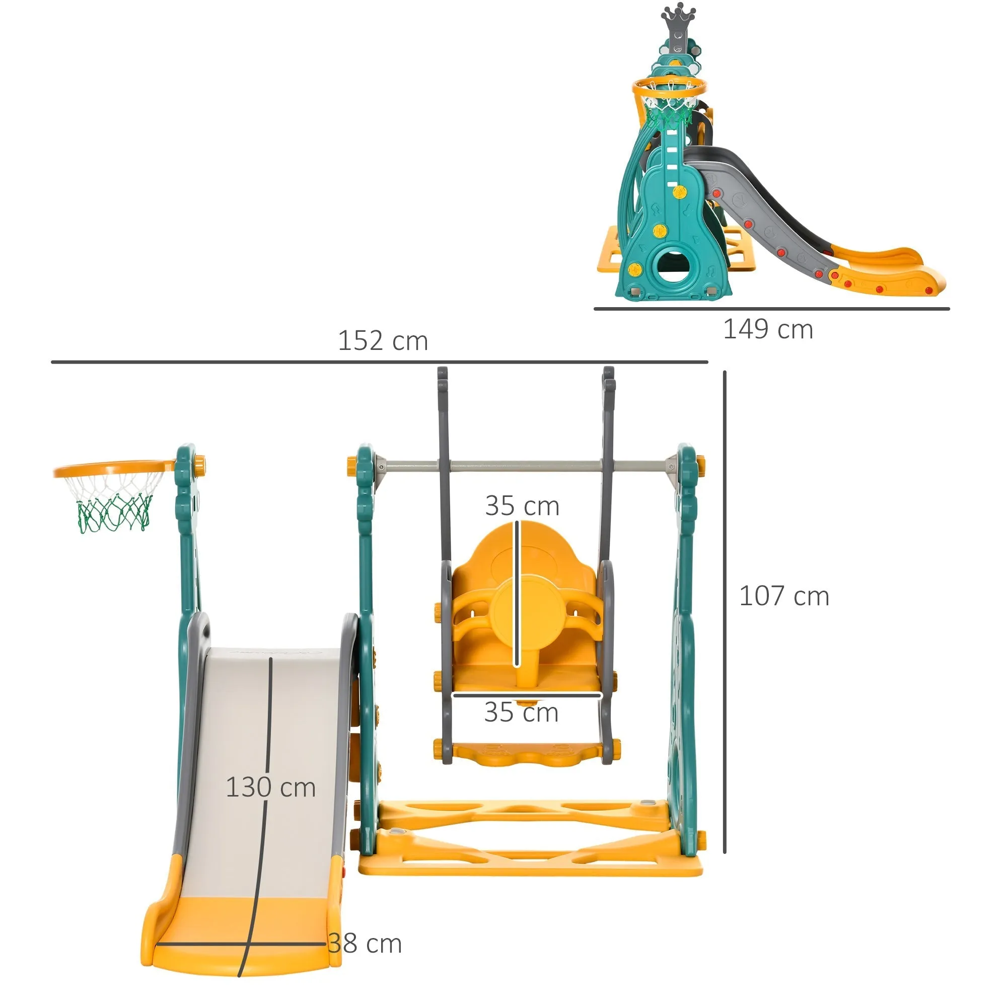 3 in 1 Children's Slide with Adjustable Swing, Basketball Hoop and Balls for Kids' Bedroom and Garden, 152x149x107cm, Blue, Grey, Yellow