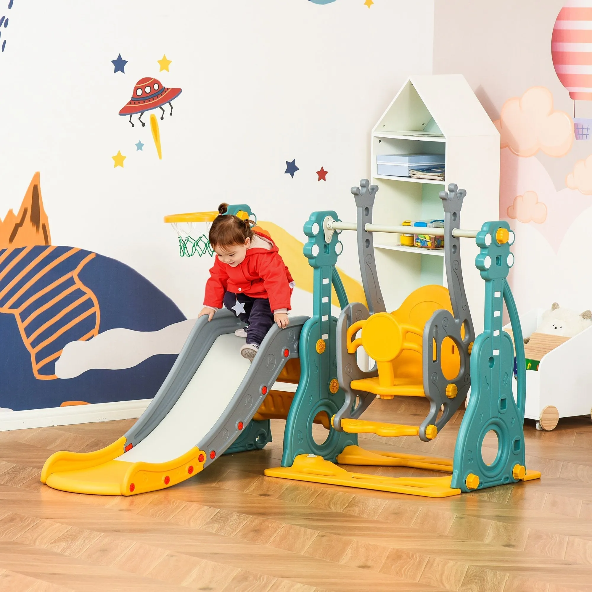 3 in 1 Children's Slide with Adjustable Swing, Basketball Hoop and Balls for Kids' Bedroom and Garden, 152x149x107cm, Blue, Grey, Yellow
