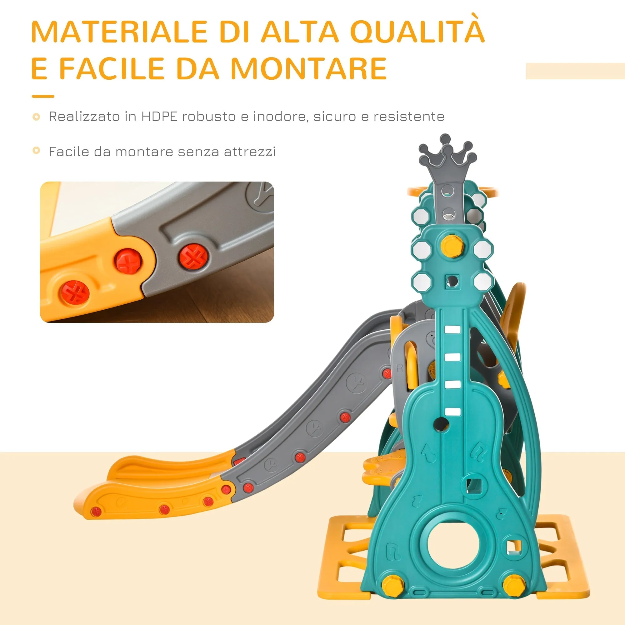 3 in 1 Children's Slide with Adjustable Swing, Basketball Hoop and Balls for Kids' Bedroom and Garden, 152x149x107cm, Blue, Grey, Yellow