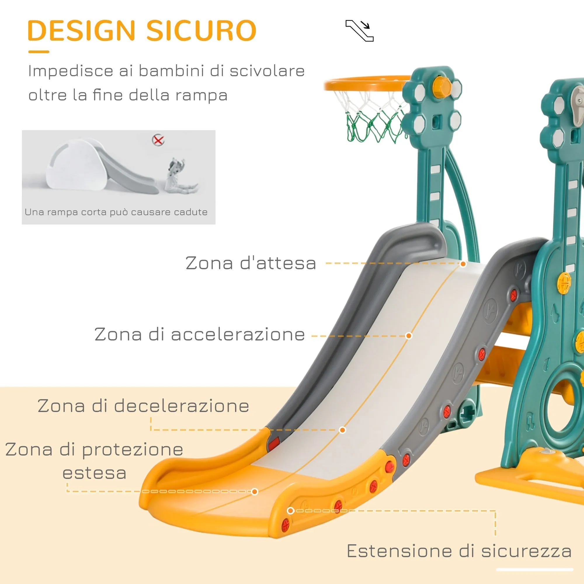 3 in 1 Children's Slide with Adjustable Swing, Basketball Hoop and Balls for Kids' Bedroom and Garden, 152x149x107cm, Blue, Grey, Yellow