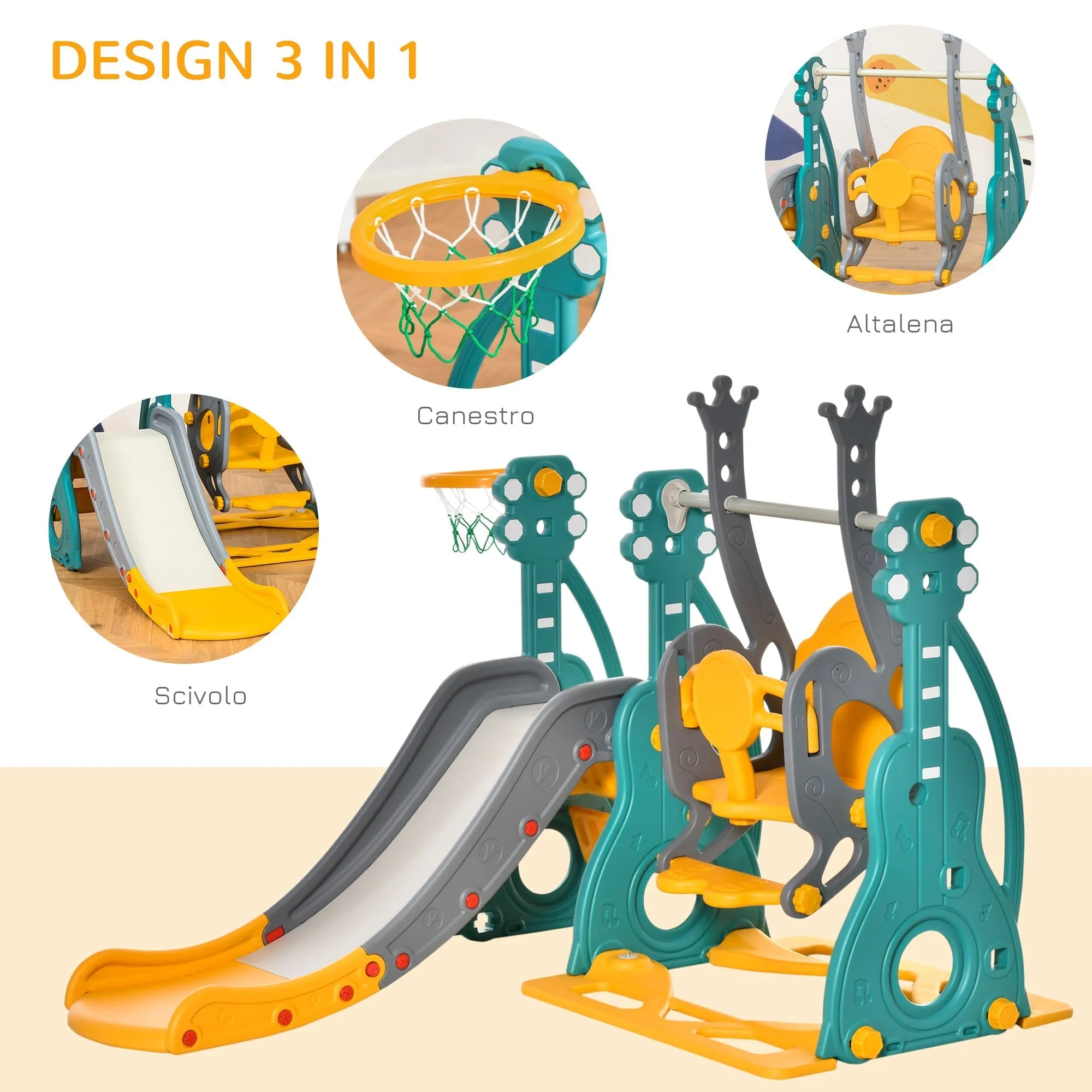 3 in 1 Children's Slide with Adjustable Swing, Basketball Hoop and Balls for Kids' Bedroom and Garden, 152x149x107cm, Blue, Grey, Yellow