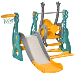 3 in 1 Children's Slide with Adjustable Swing, Basketball Hoop and Balls for Kids' Bedroom and Garden, 152x149x107cm, Blue, Grey, Yellow