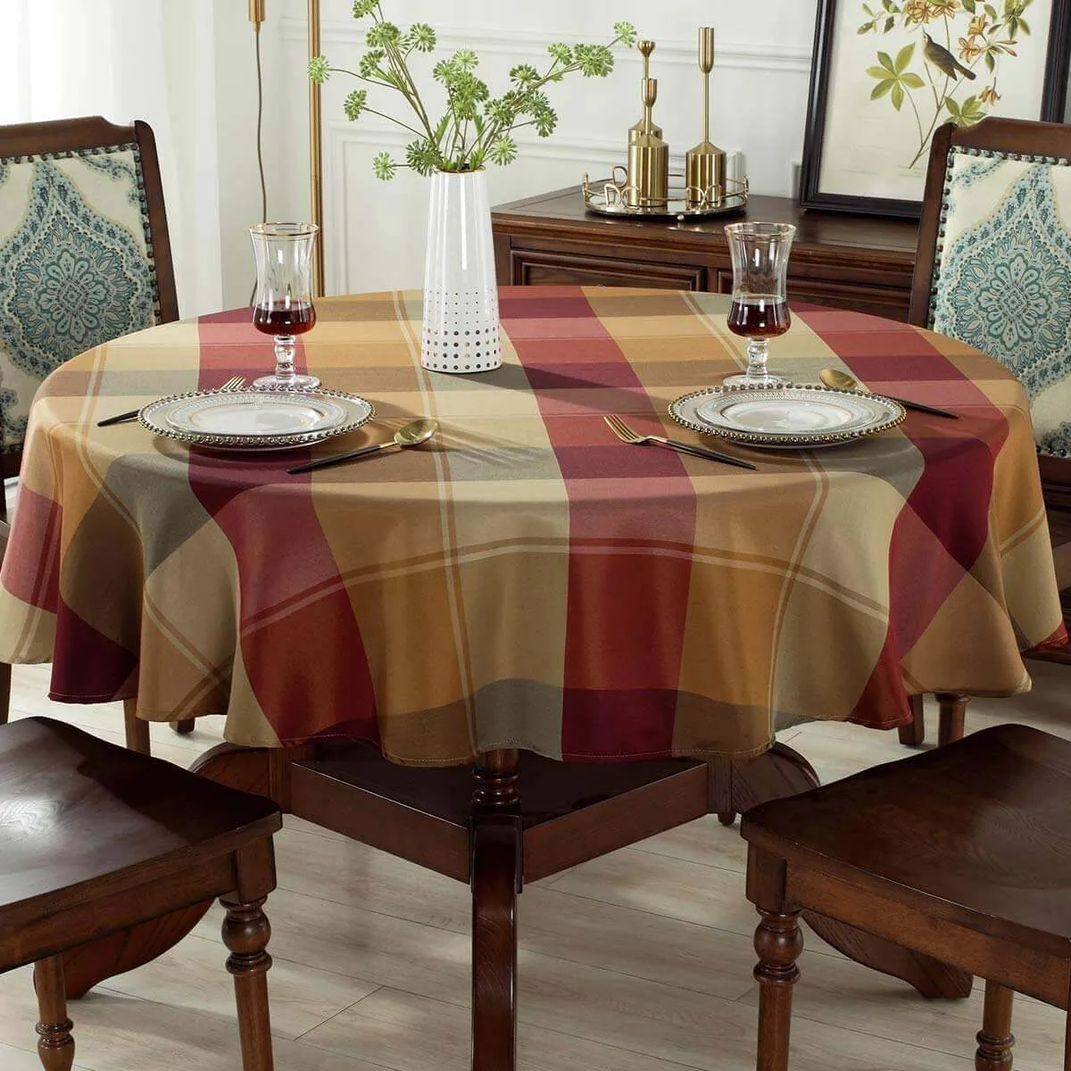 70"x70" Checkered Polyester Round Tablecloth
