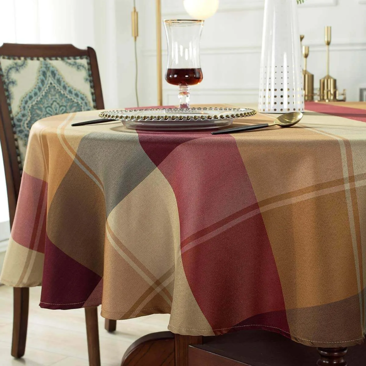 70"x70" Checkered Polyester Round Tablecloth