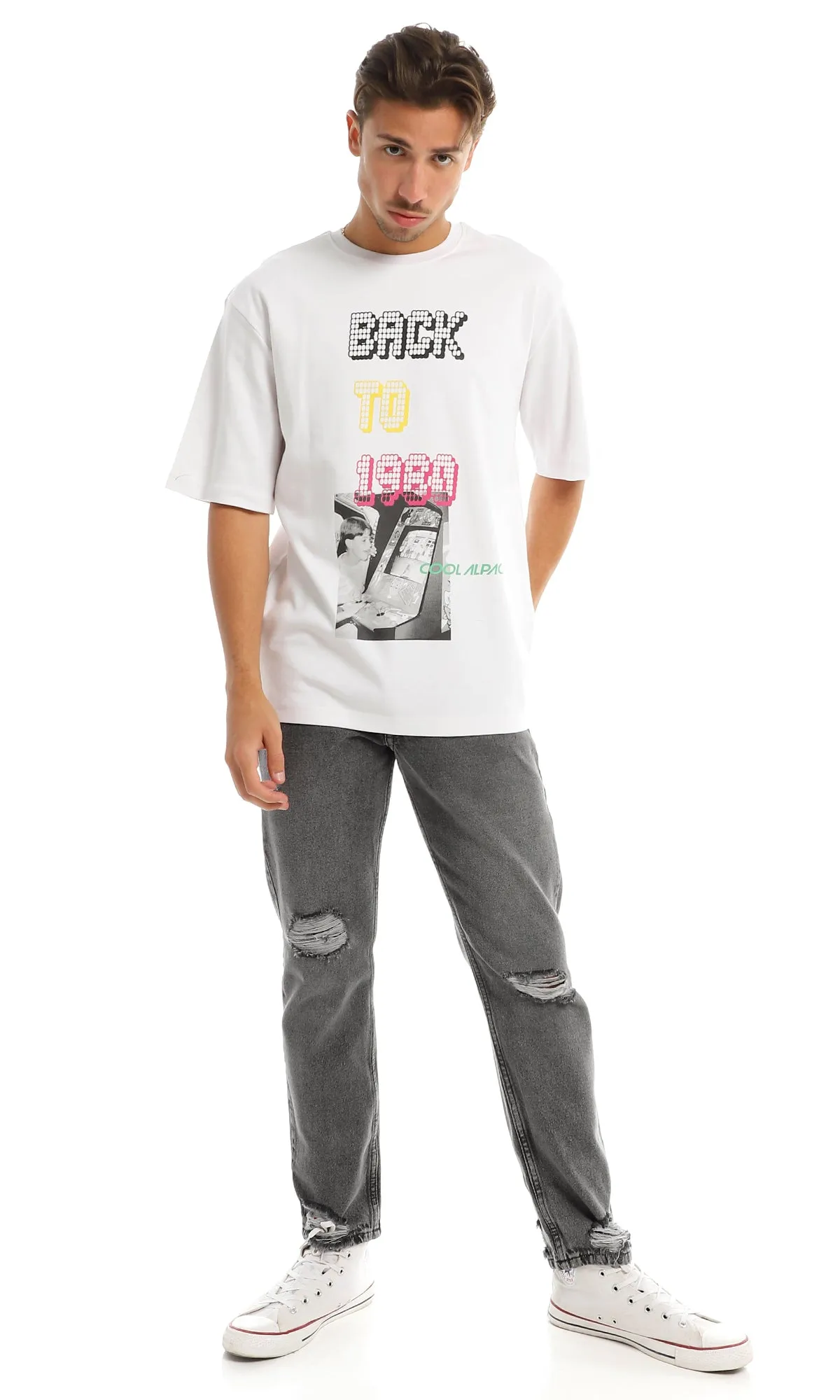 97438 "Back To 1980" Printed Round White T-Shirt