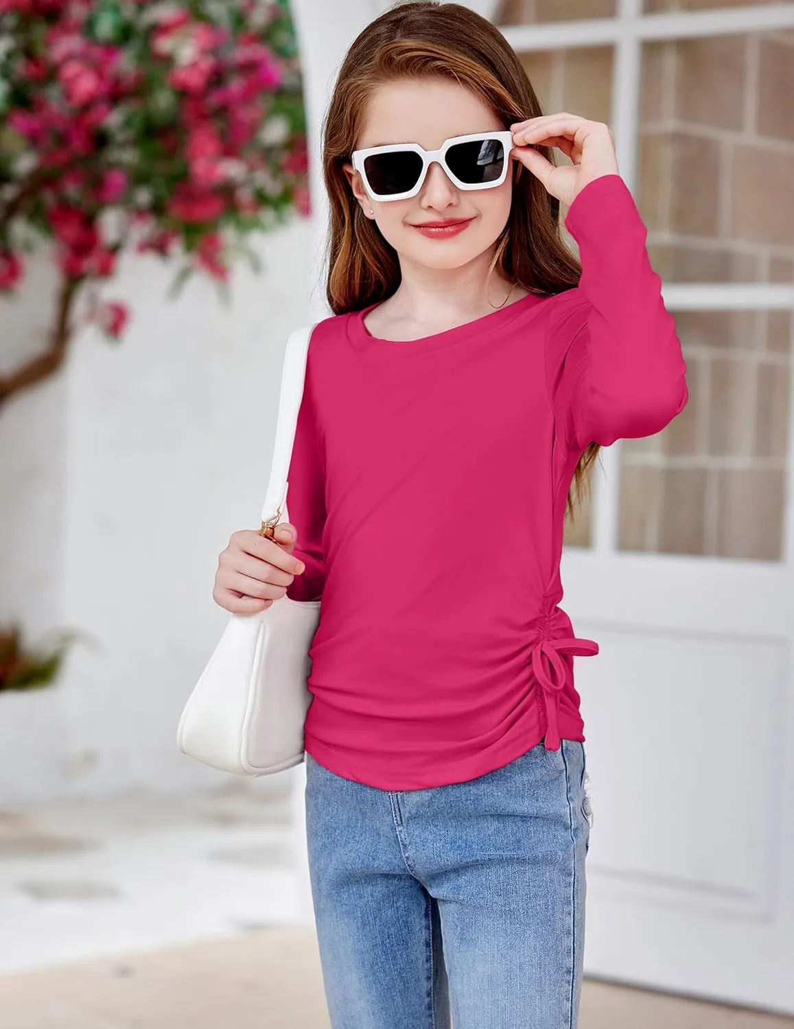 Arshiner Girls Long Sleeve Shirts Ruched Knot Side Tunic Blouse Tee Tops