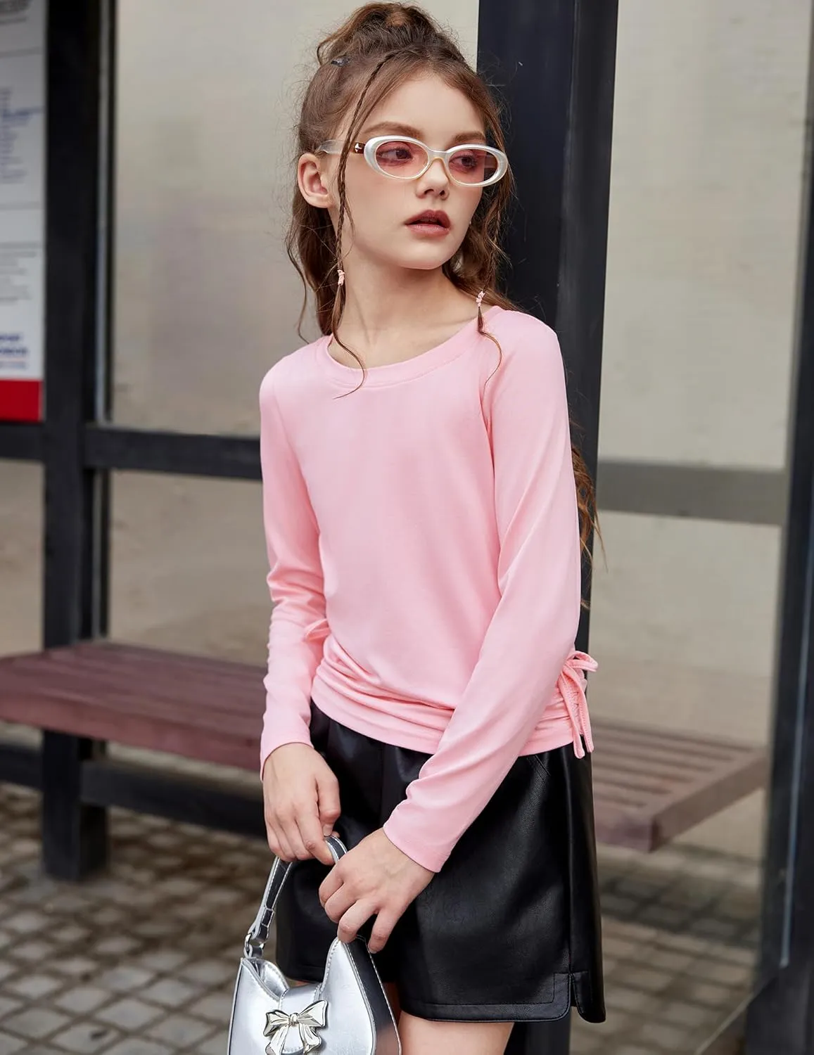 Arshiner Girls Long Sleeve Shirts Ruched Knot Side Tunic Blouse Tee Tops