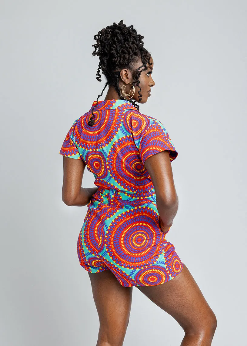 Asale Women's African Print Romper (Turquoise Red Circles)