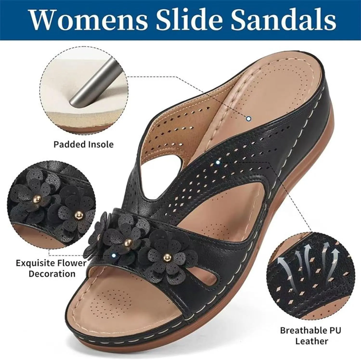 Avylays Orthopedic Sandals for Women Wedge Fashion Flower Arch Support Summer Open Toe Thick Cushion Slides Shoes