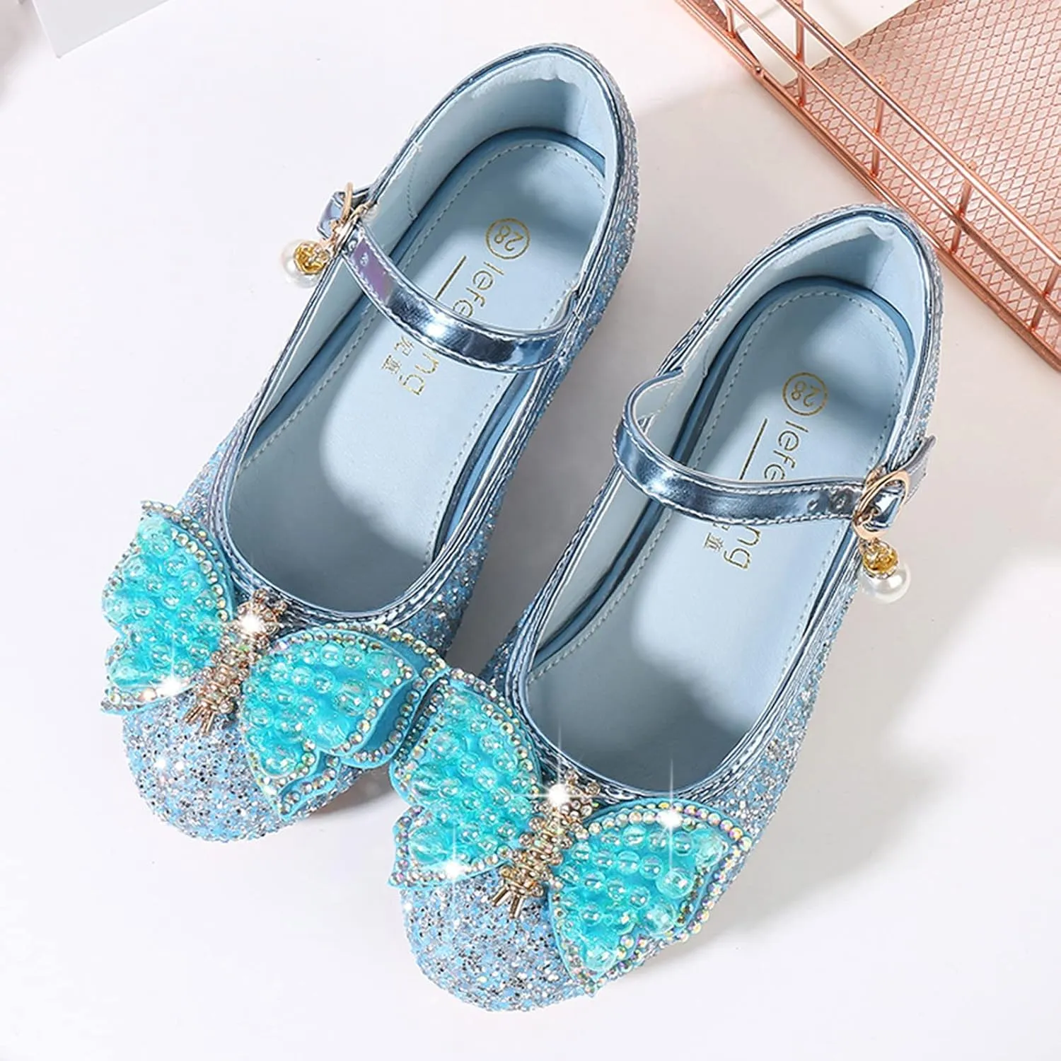 Baby Heels Mary Jane Glitter Shoes Bows Sequin Party Footwear Dress Shoes Flower Girls Shoes for Wedding Party