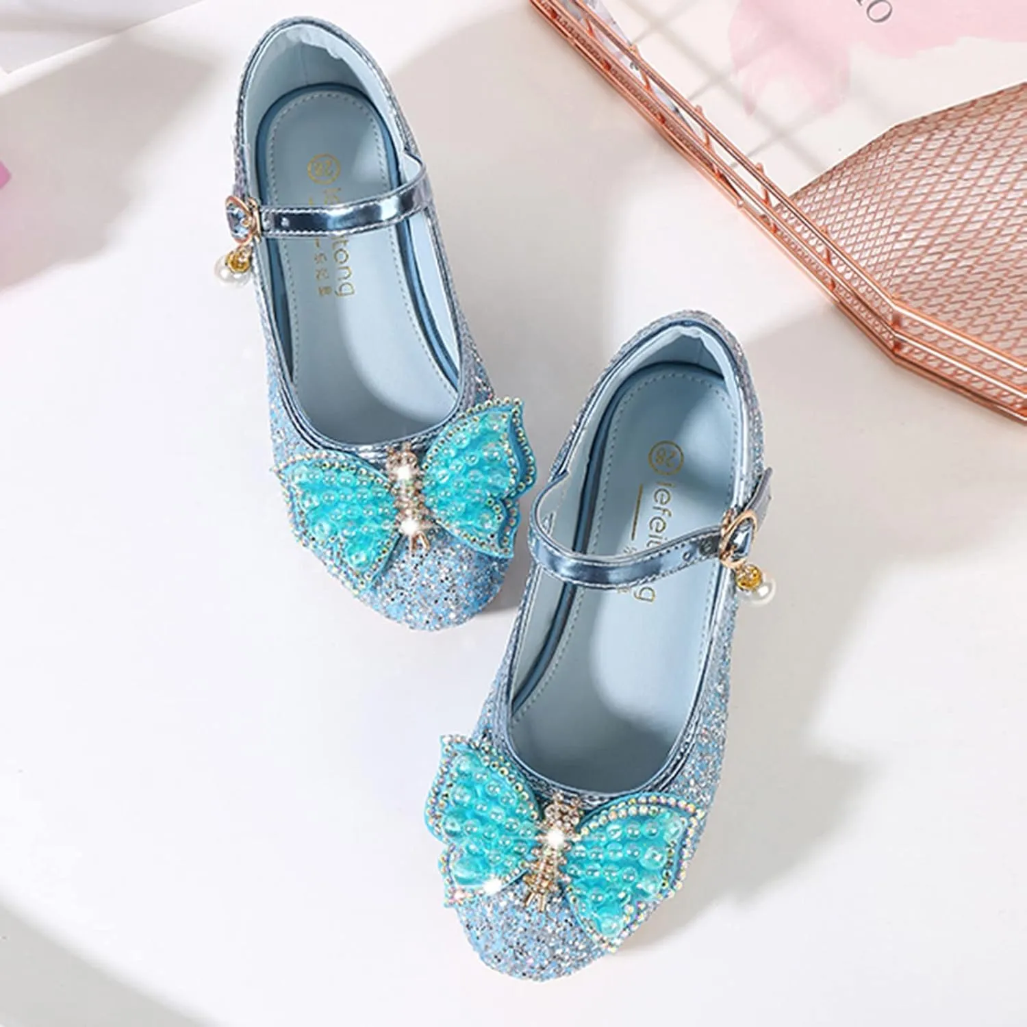 Baby Heels Mary Jane Glitter Shoes Bows Sequin Party Footwear Dress Shoes Flower Girls Shoes for Wedding Party