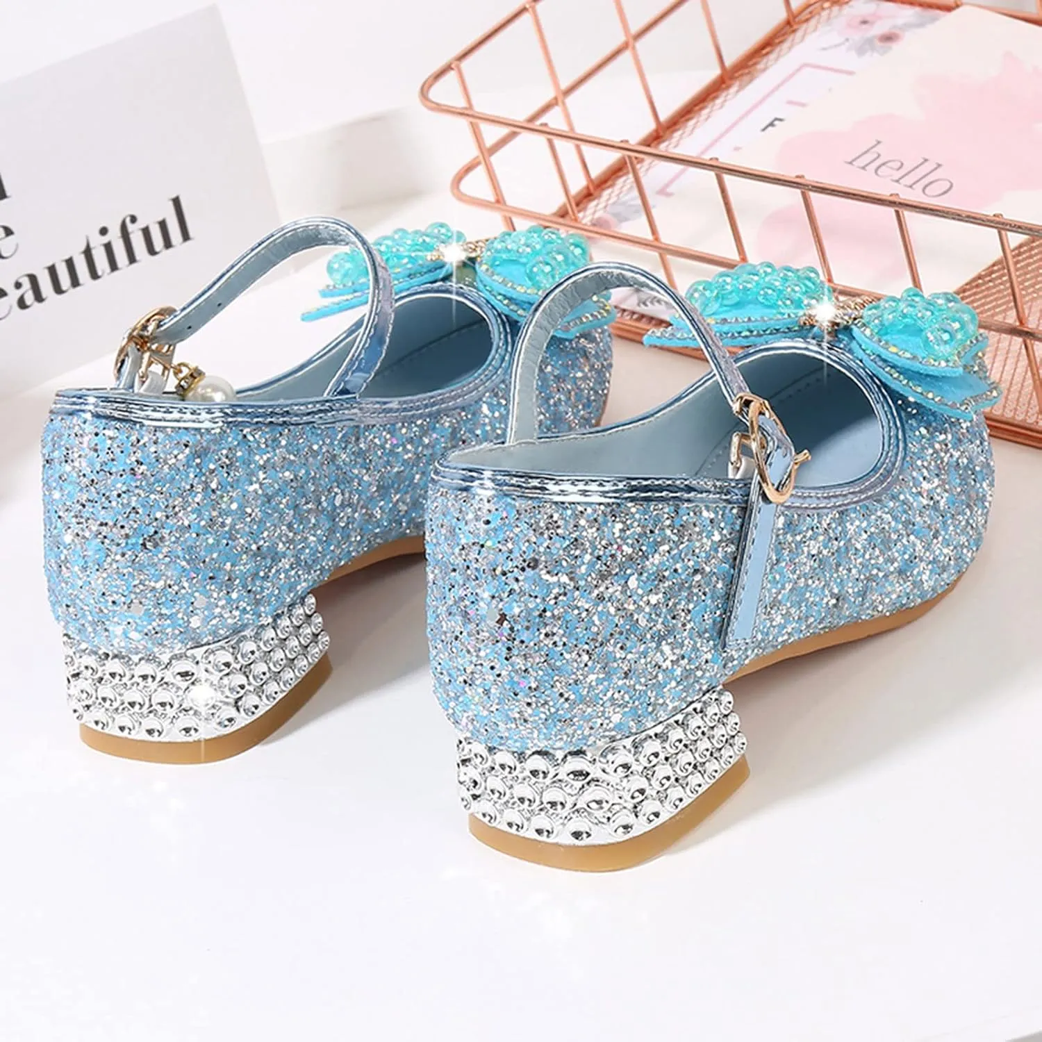 Baby Heels Mary Jane Glitter Shoes Bows Sequin Party Footwear Dress Shoes Flower Girls Shoes for Wedding Party