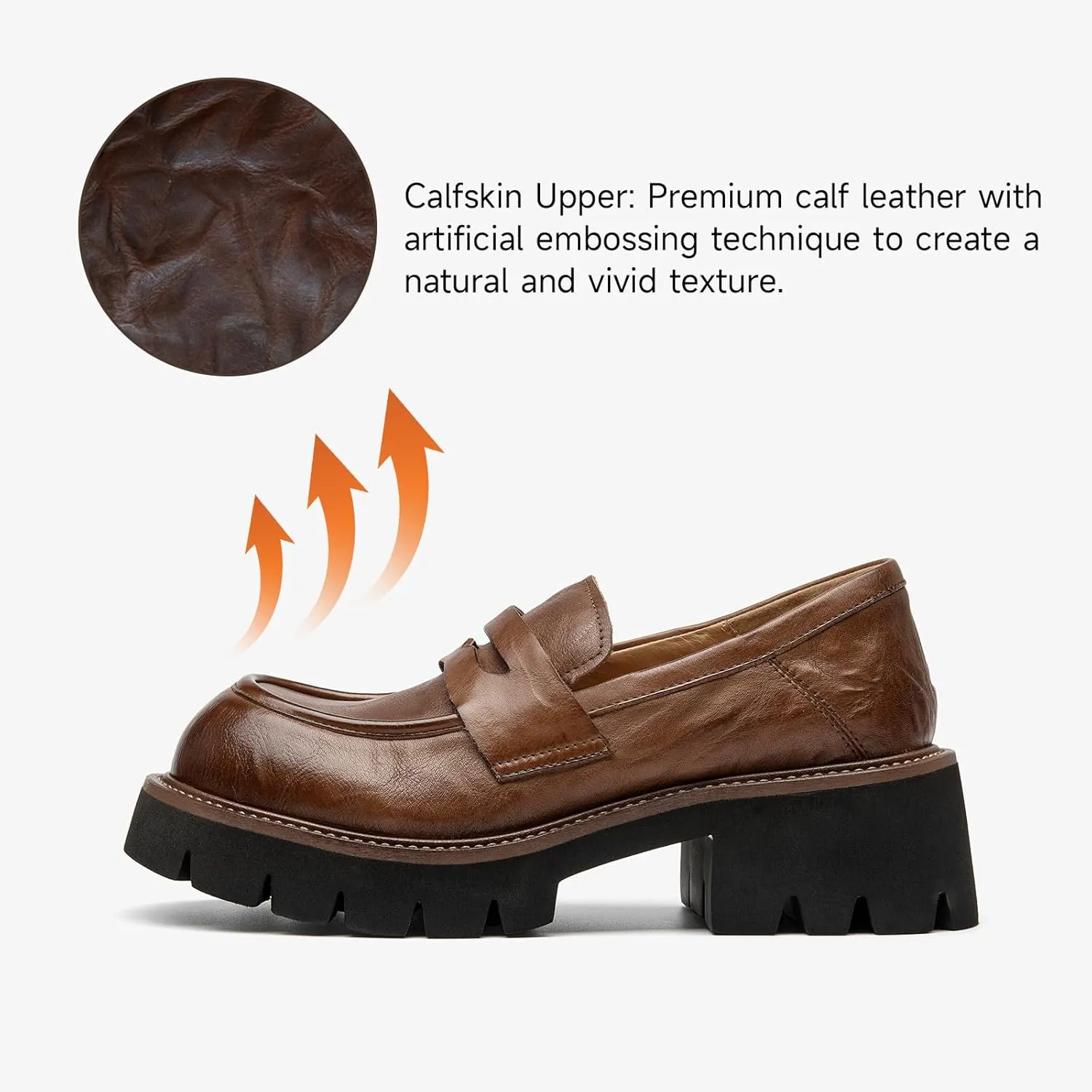 BEAU TODAY Platform Loafers for Women, Womens Chunky Leather Loafers, Slip-on Lug Sole Penny Loafers Comfortable Business Casual Office Non Slip Round Toe Ladies Dress Shoes