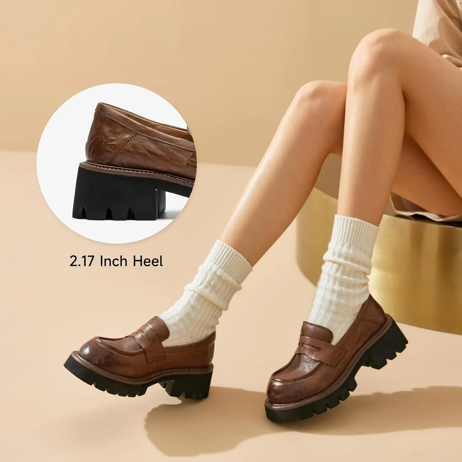 BEAU TODAY Platform Loafers for Women, Womens Chunky Leather Loafers, Slip-on Lug Sole Penny Loafers Comfortable Business Casual Office Non Slip Round Toe Ladies Dress Shoes