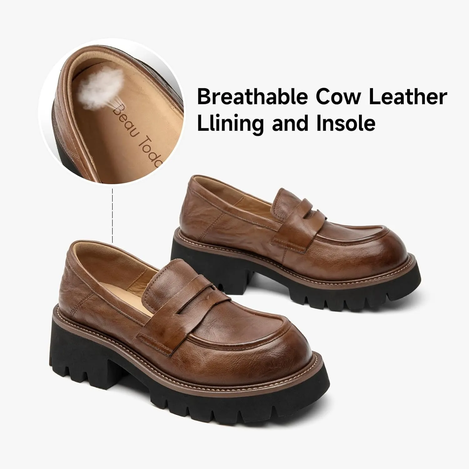 BEAU TODAY Platform Loafers for Women, Womens Chunky Leather Loafers, Slip-on Lug Sole Penny Loafers Comfortable Business Casual Office Non Slip Round Toe Ladies Dress Shoes