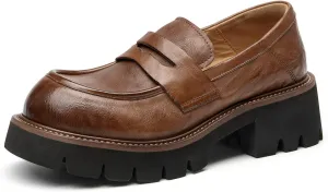 BEAU TODAY Platform Loafers for Women, Womens Chunky Leather Loafers, Slip-on Lug Sole Penny Loafers Comfortable Business Casual Office Non Slip Round Toe Ladies Dress Shoes