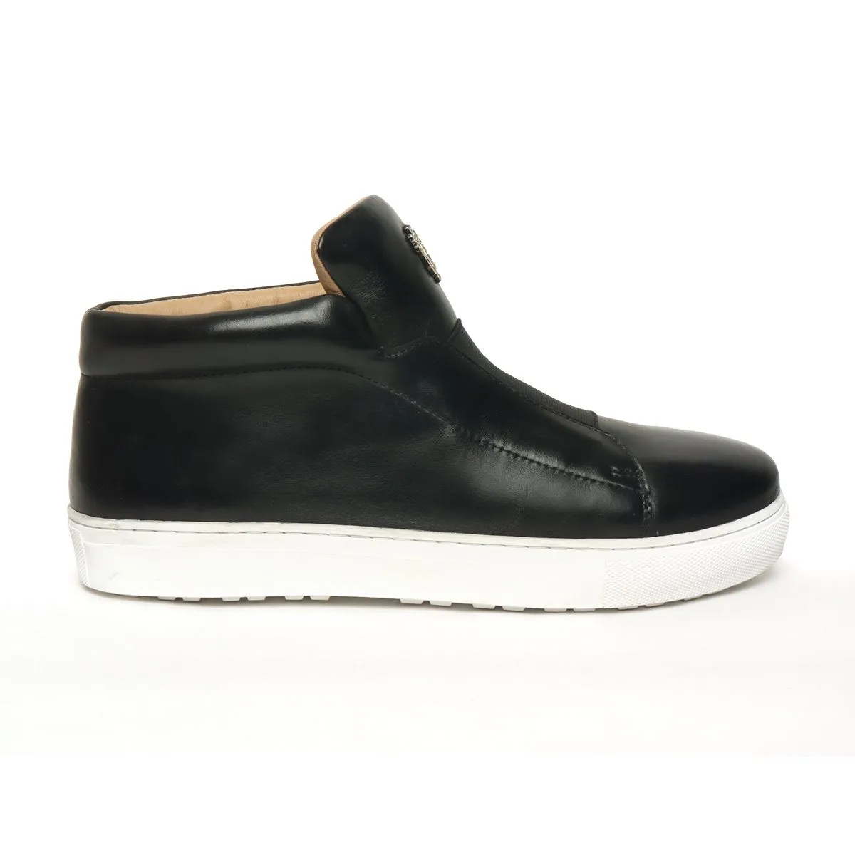 Black Leather Mid-Top Sneakers with Stretchable Strap by Brune & Bareskin