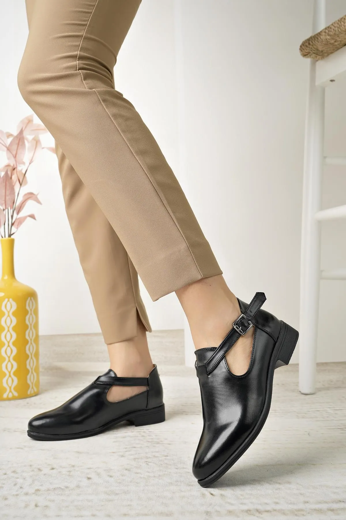 Black Satin Buckled Women's Ballerinas