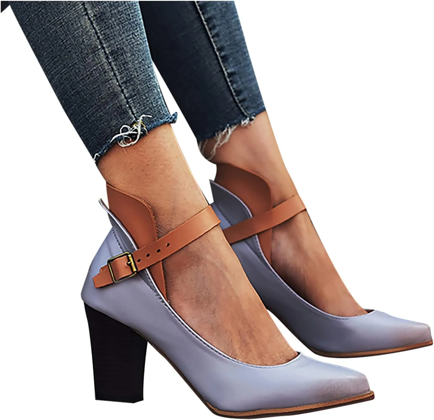 Block Heels Sandals for Women Fashion Pointed Toe Metal Buckle Strap Backless Square Heel Shoes Summer Solid Color Casual Office High Heels