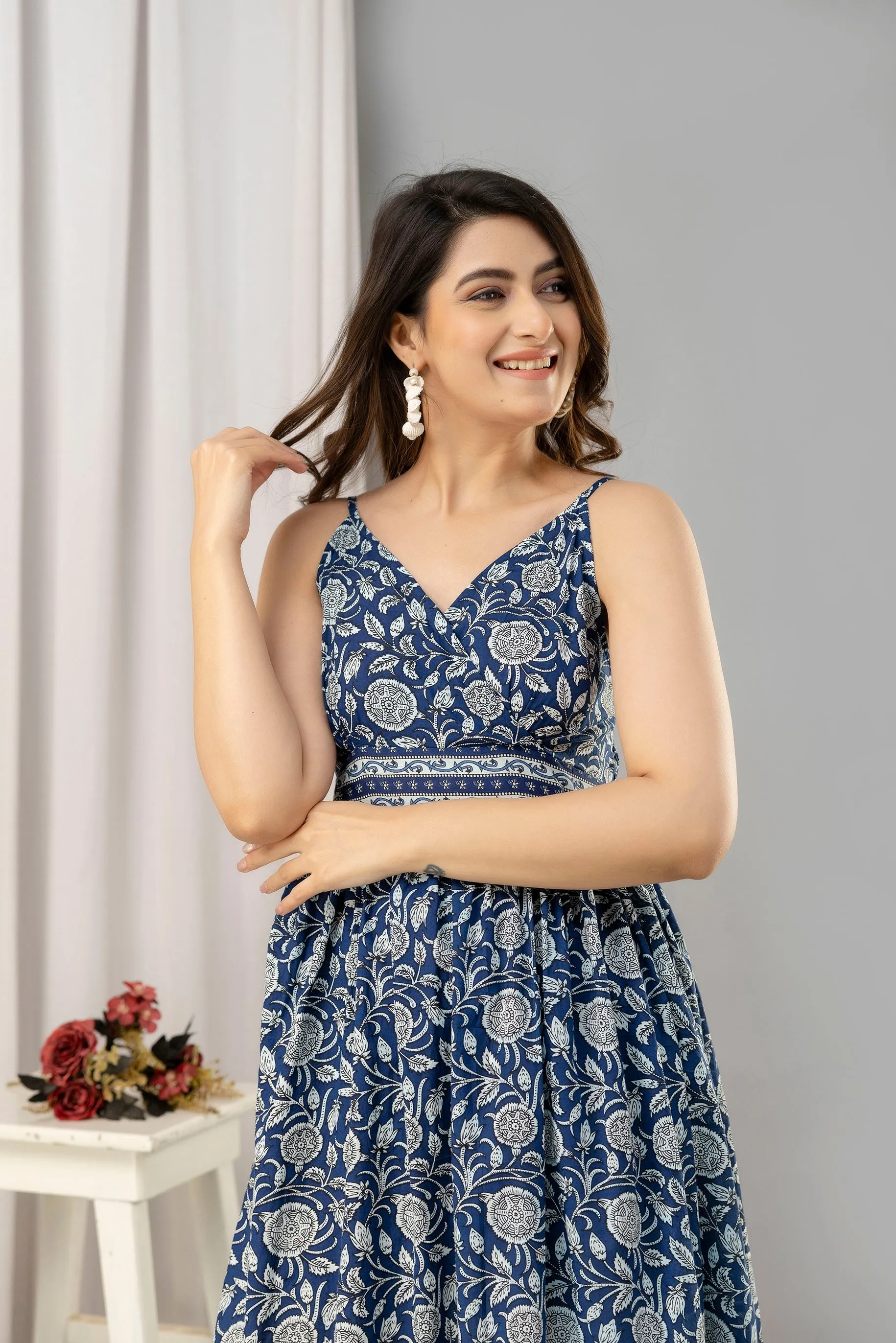 Blue Floral Printed Sleeveless Fit and Flare Maxi Dress - SHKUP1444