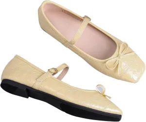 ChaiRong Zhou Women Bowknot Mary Jane Pleated Leather Ballet Flats Square Toe Buckle Strap Casual Party Ballet Dress Shoes