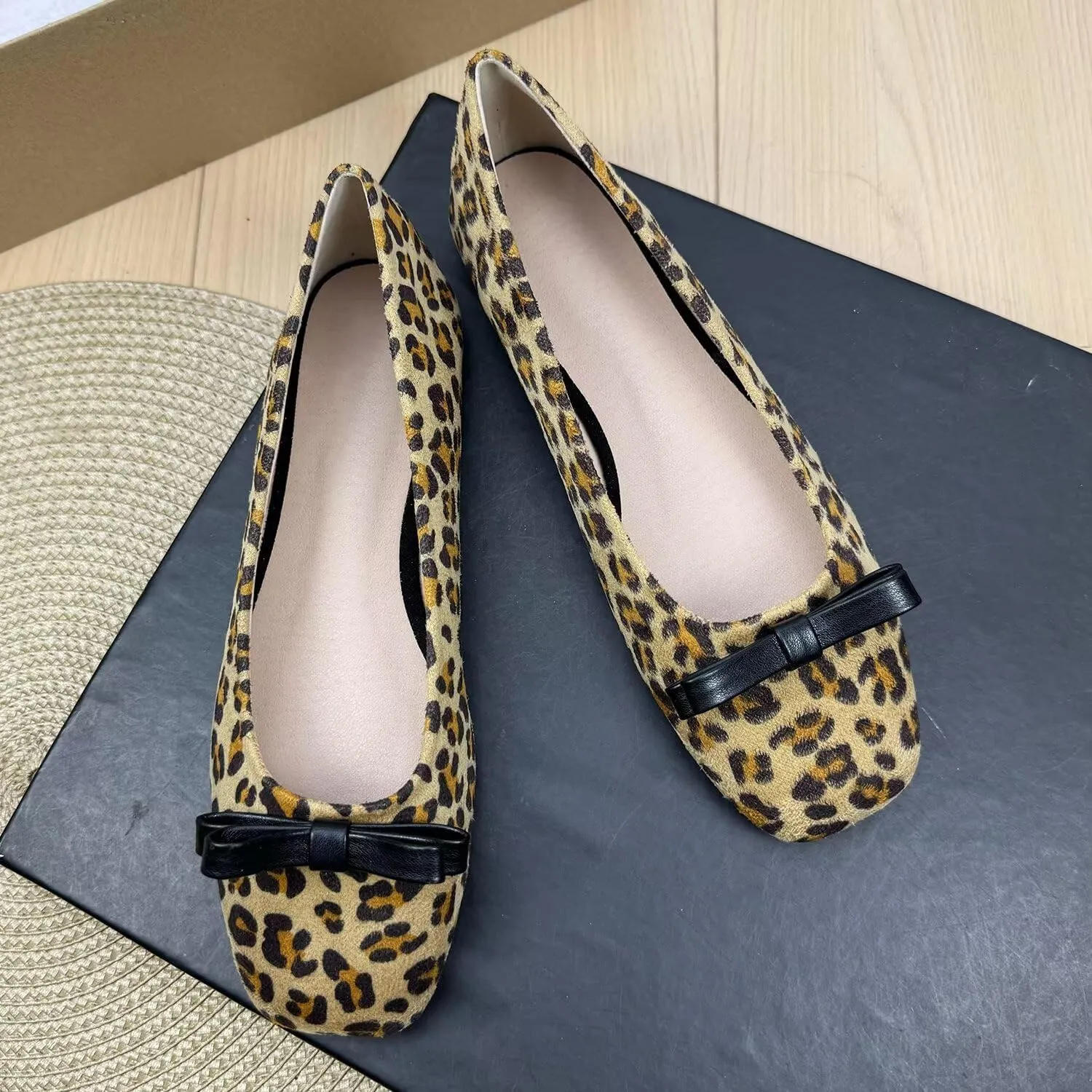 ChaiRong Zhou Women Bowknot Suede Ballet Flats Square Toe Slip on Casual Walk House Shoes