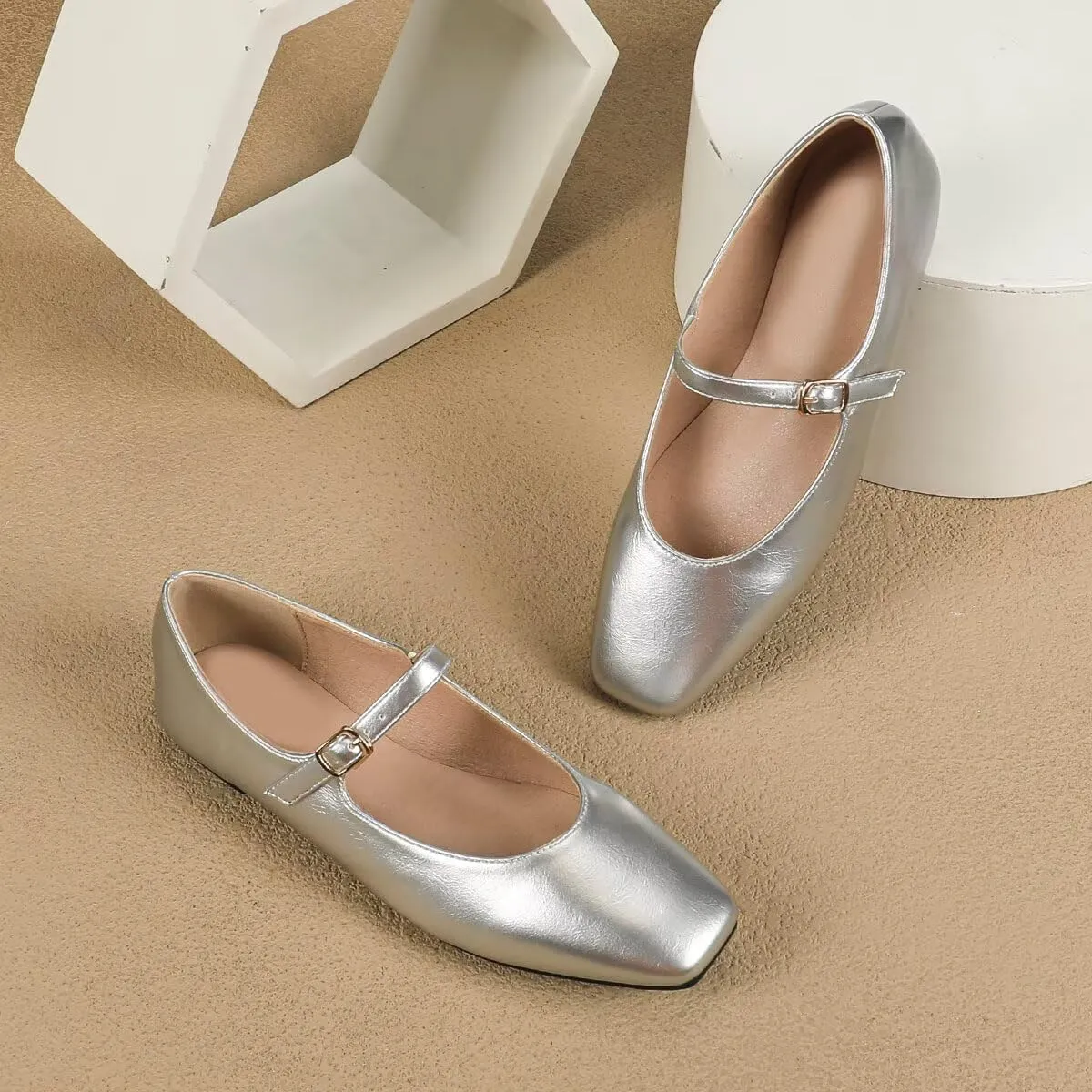 ChaiRong Zhou Women Mary Jane Pu Leather Ballet Flats Square Toe Adjustable Buckle Strap Casual Party Dress Shoes