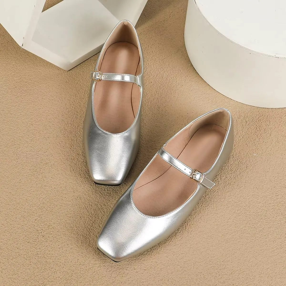 ChaiRong Zhou Women Mary Jane Pu Leather Ballet Flats Square Toe Adjustable Buckle Strap Casual Party Dress Shoes