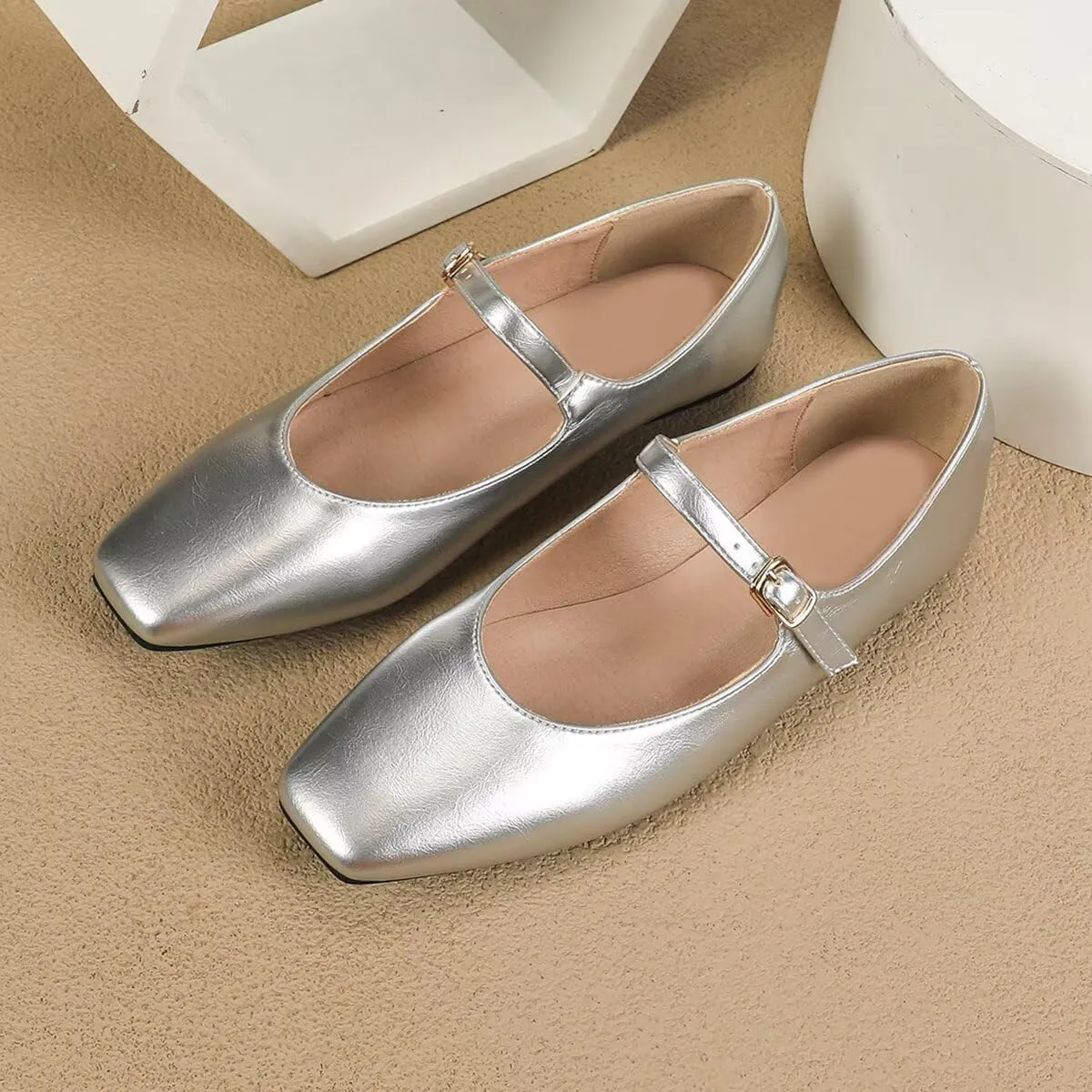 ChaiRong Zhou Women Mary Jane Pu Leather Ballet Flats Square Toe Adjustable Buckle Strap Casual Party Dress Shoes