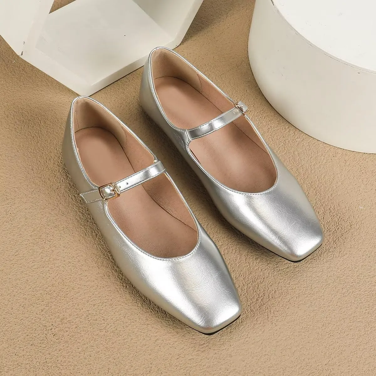 ChaiRong Zhou Women Mary Jane Pu Leather Ballet Flats Square Toe Adjustable Buckle Strap Casual Party Dress Shoes