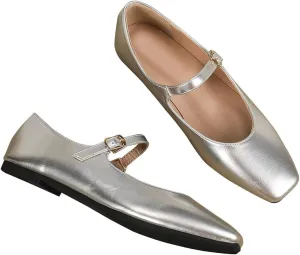 ChaiRong Zhou Women Mary Jane Pu Leather Ballet Flats Square Toe Adjustable Buckle Strap Casual Party Dress Shoes