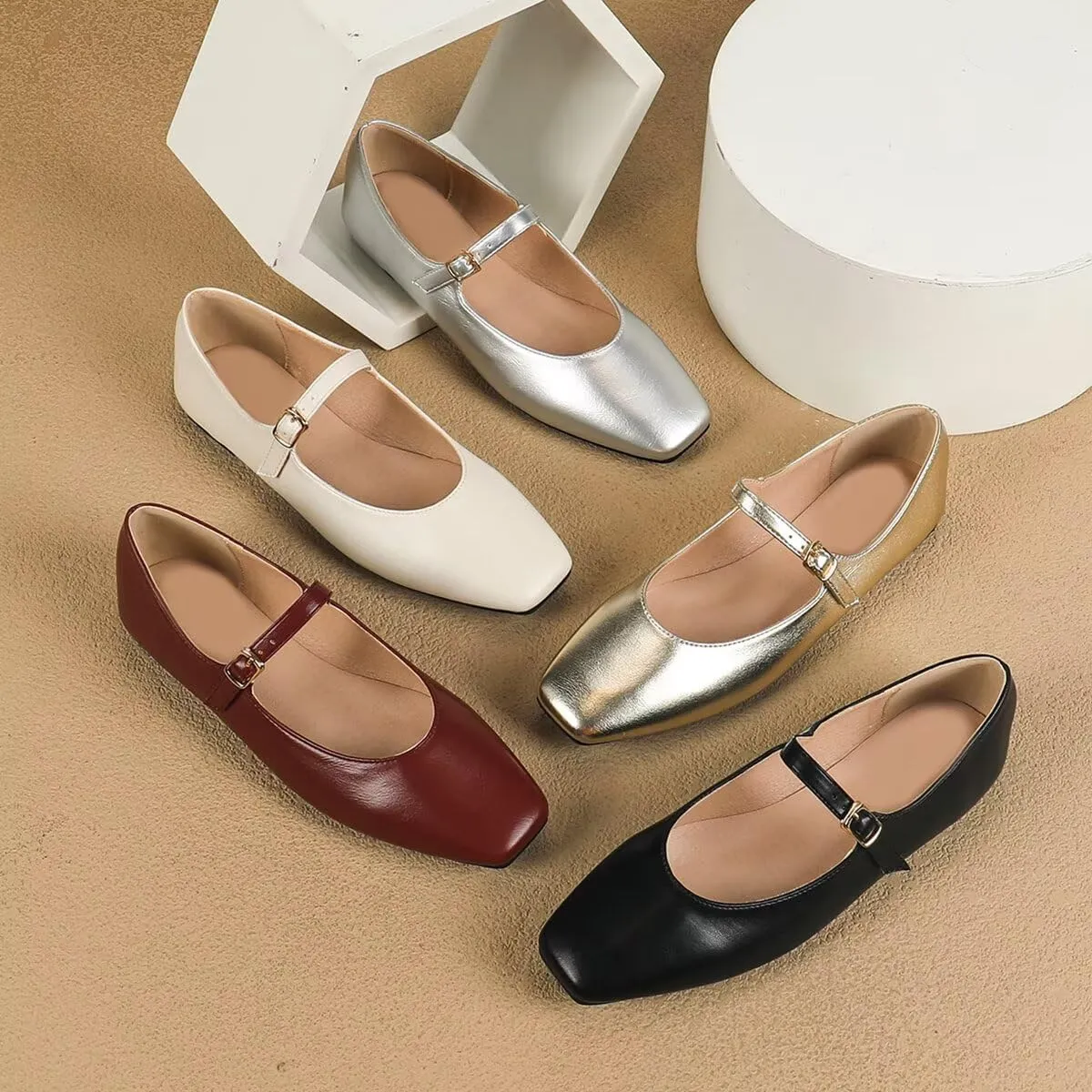 ChaiRong Zhou Women Mary Jane Pu Leather Ballet Flats Square Toe Adjustable Buckle Strap Casual Party Dress Shoes