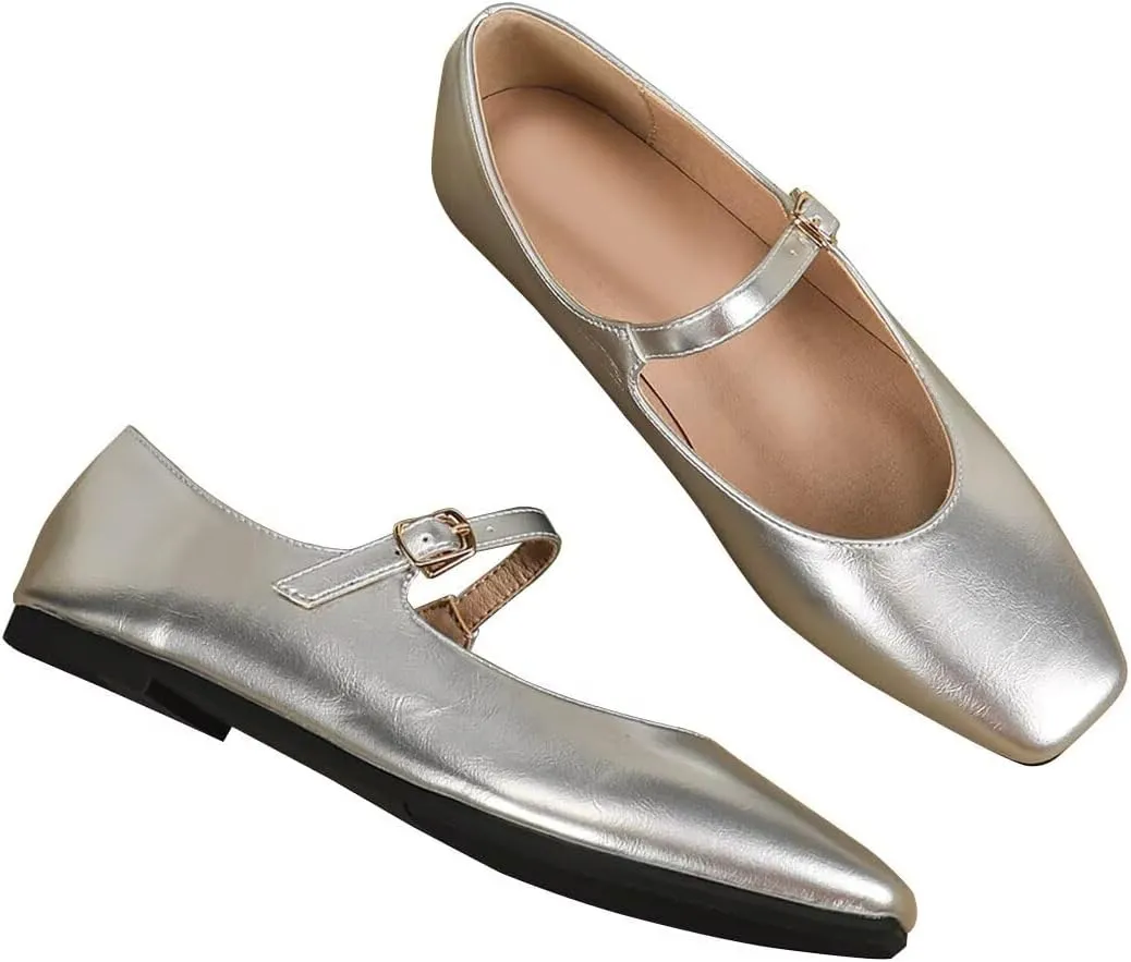 ChaiRong Zhou Women Mary Jane Pu Leather Ballet Flats Square Toe Adjustable Buckle Strap Casual Party Dress Shoes
