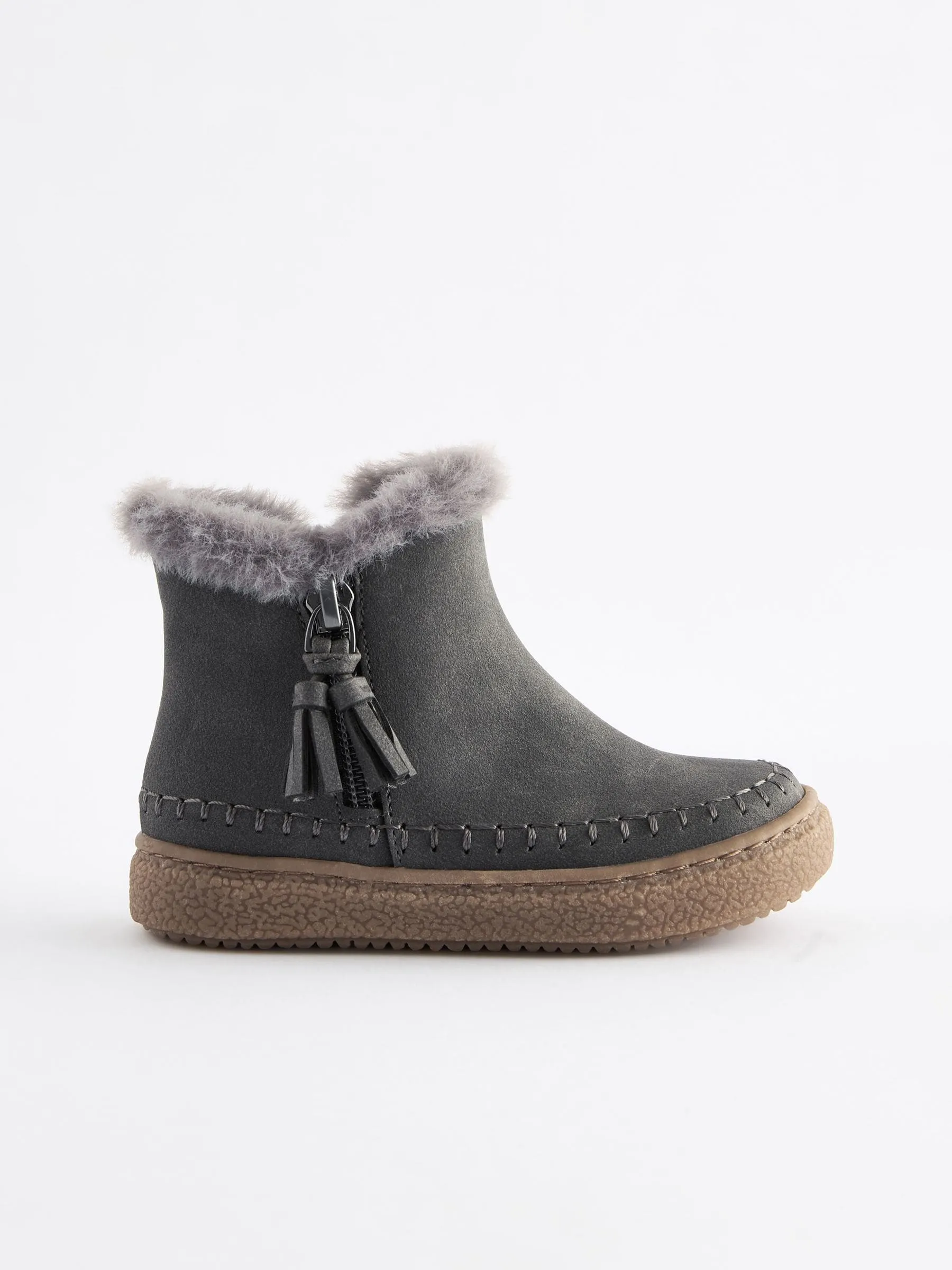 Charcoal Grey Faux Fur Lined Tassel Ankle Boots
