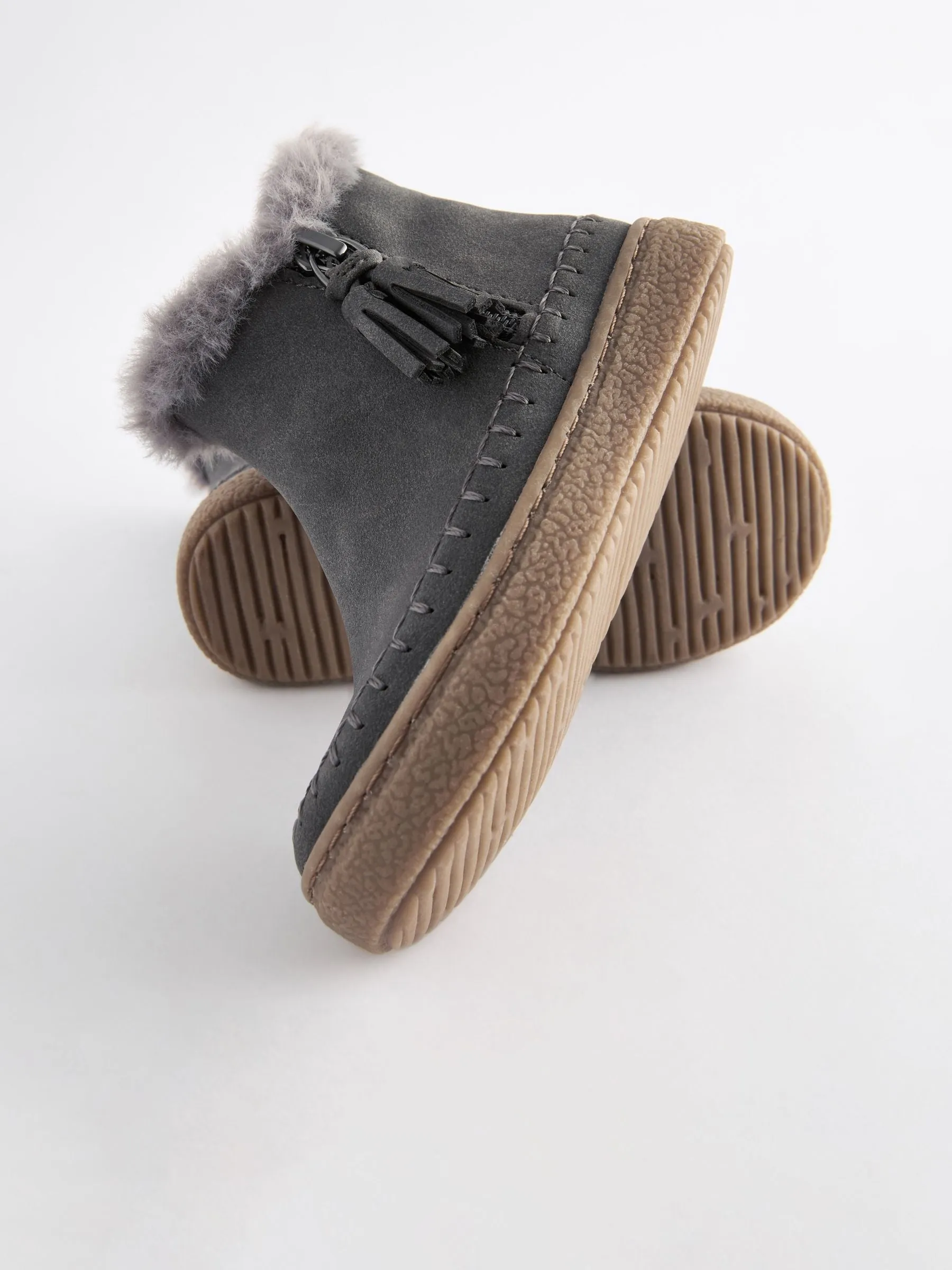 Charcoal Grey Faux Fur Lined Tassel Ankle Boots