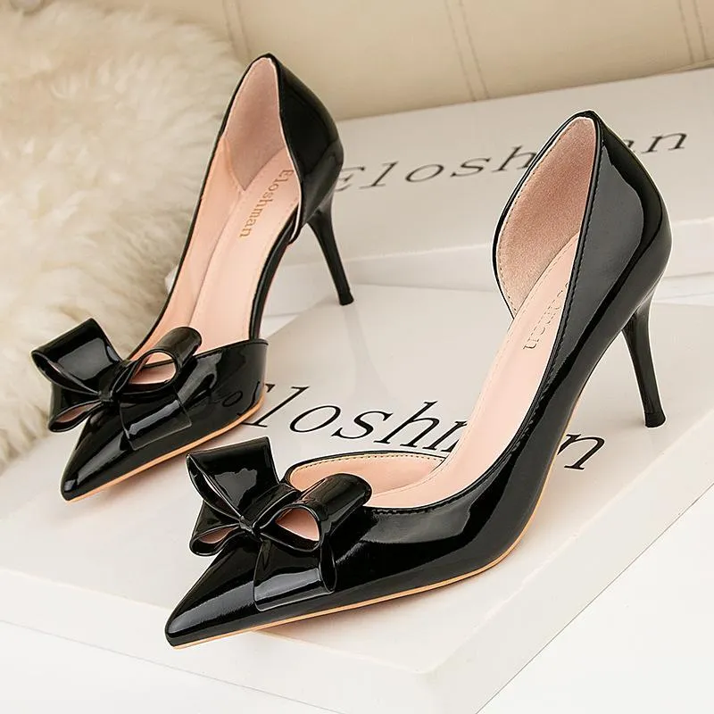 Chicvane Bowknot Side Cutout Closed Pointed Toe Stiletto Party Bridal Shoes