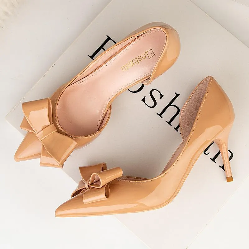 Chicvane Bowknot Side Cutout Closed Pointed Toe Stiletto Party Bridal Shoes