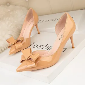 Chicvane Bowknot Side Cutout Closed Pointed Toe Stiletto Party Bridal Shoes