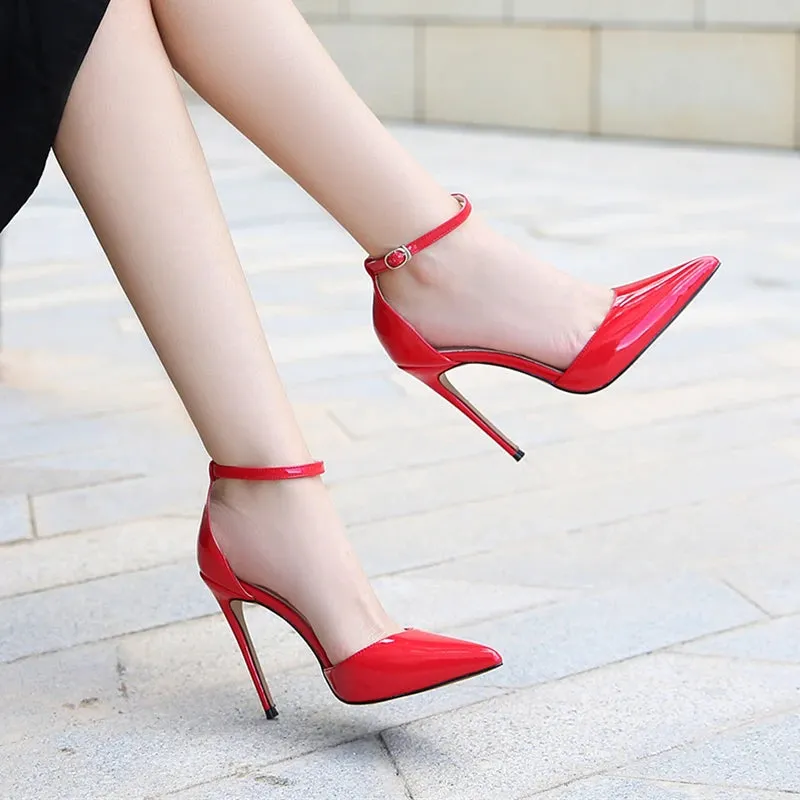 Crossdresser's Red, White, Nude Elegance: Ankle Strap High Heels - Ideal for Party, Office, Wedding - Large Size 45