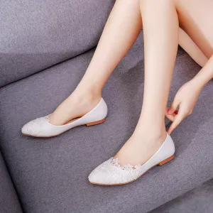 Crystal Queen Ballet Flats White Lace Wedding Shoes Women Slip On Pointed Toe Comfortable Grandmothe