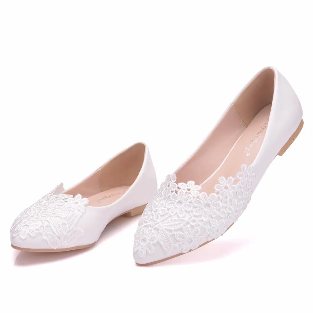 Crystal Queen Ballet Flats White Lace Wedding Shoes Women Slip On Pointed Toe Comfortable Grandmothe