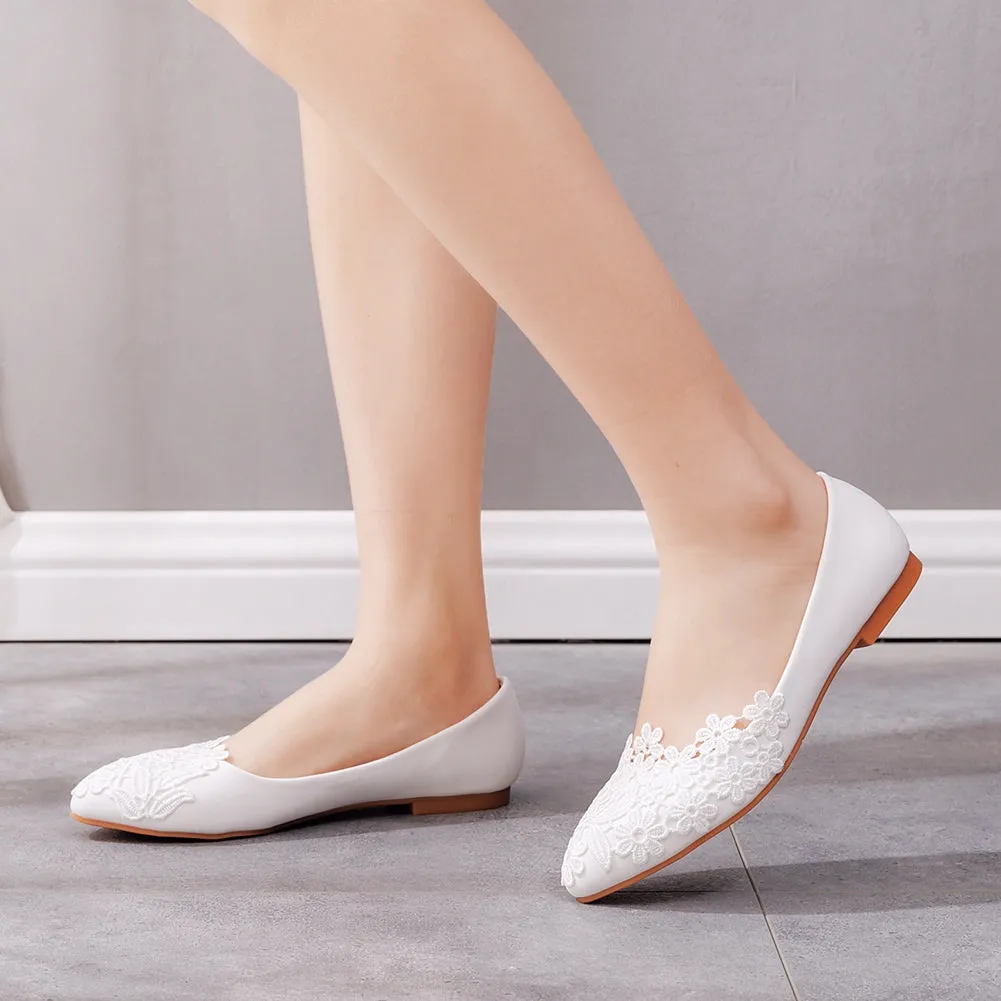 Crystal Queen Ballet Flats White Lace Wedding Shoes Women Slip On Pointed Toe Comfortable Grandmothe