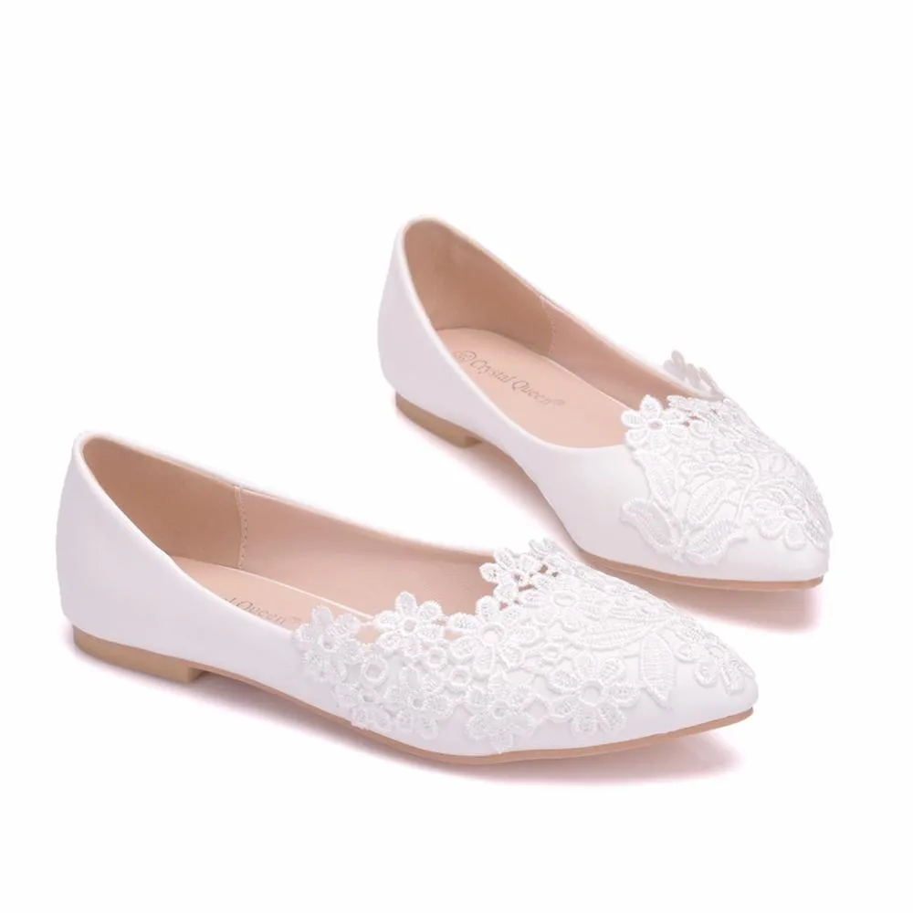 Crystal Queen Ballet Flats White Lace Wedding Shoes Women Slip On Pointed Toe Comfortable Grandmothe